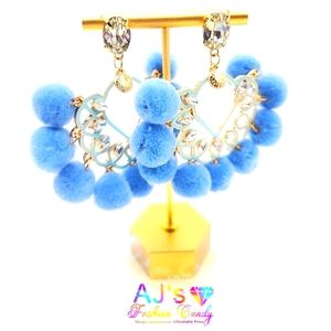 Baby Blue Pom Pom Chandelier Earrings